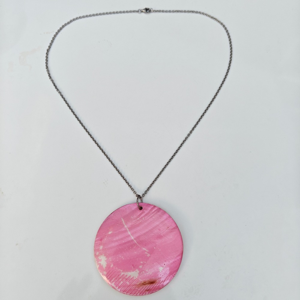 Pink Shell Chunky Pendant Necklace Large Round Mother of Pearl Silver Long Chain